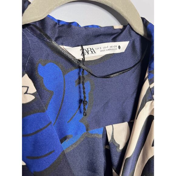 Zara Blue Abstract Satin Long Sleeve Maxi Wrap Dress Size Small - Picture 5 of 8